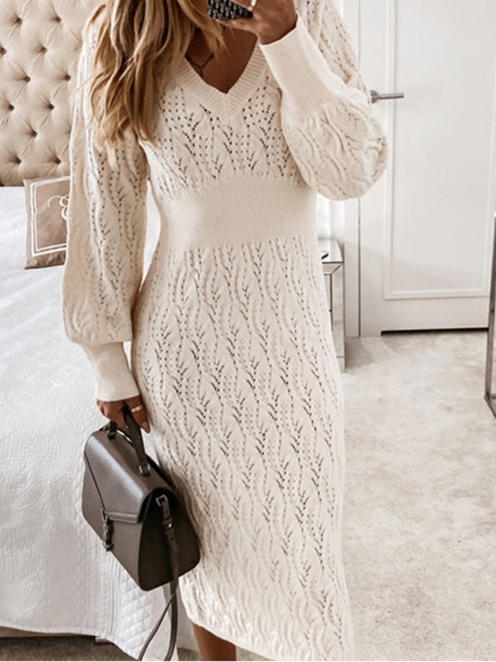 Cupshe Cream Open-Knit V-Neck Midi Sweater Dress
